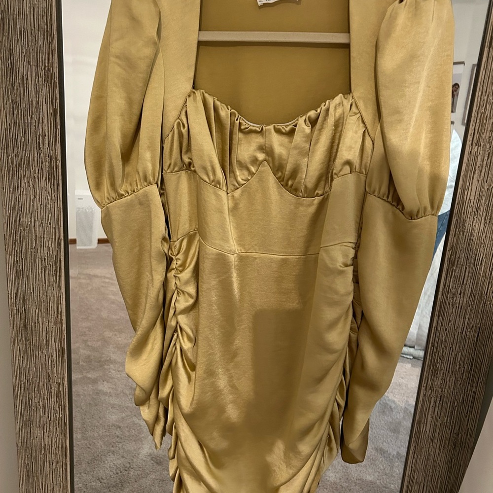 Gold Ruched Dress with Puff Sleeves